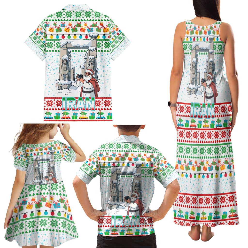 Iran Christmas Family Matching Tank Maxi Dress and Hawaiian Shirt with Santa Taking Photos Ancient Columns and Snowflake Gift Pattern - Wonder Print Shop