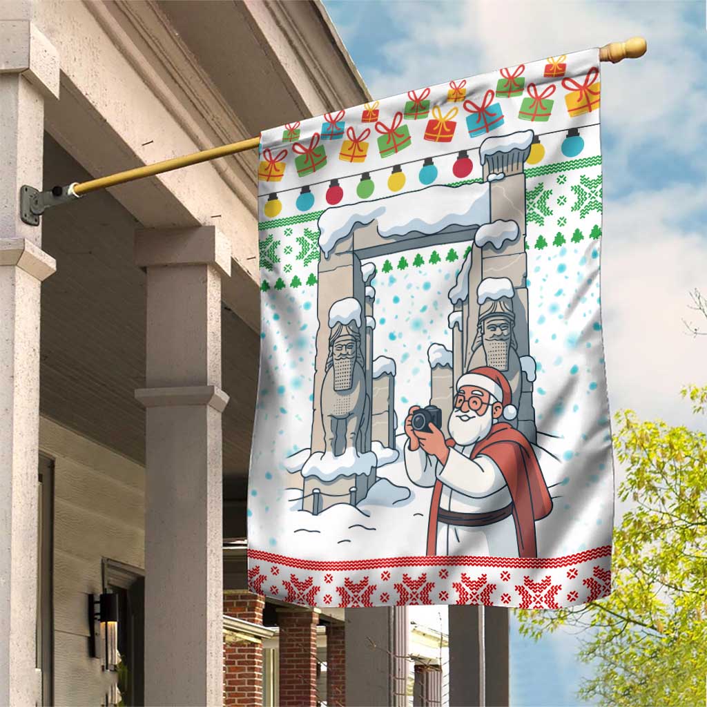 Iran Christmas Garden Flag with Santa Taking Photos Ancient Columns and Snowflake Gift Pattern - Wonder Print Shop