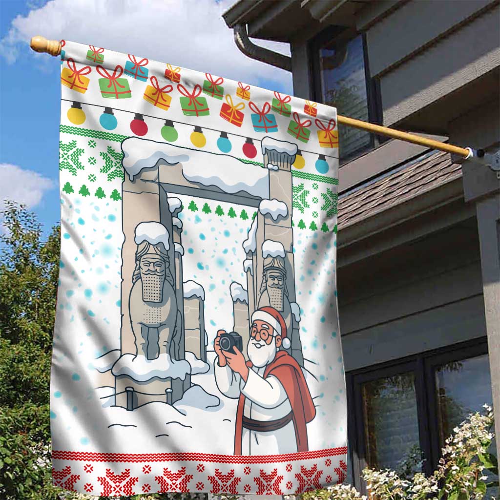 Iran Christmas Garden Flag with Santa Taking Photos Ancient Columns and Snowflake Gift Pattern - Wonder Print Shop
