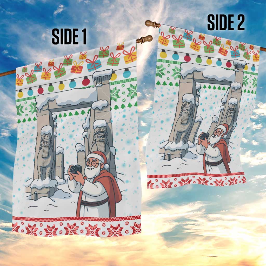 Iran Christmas Garden Flag with Santa Taking Photos Ancient Columns and Snowflake Gift Pattern - Wonder Print Shop