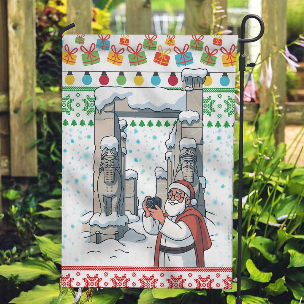 Iran Christmas Garden Flag with Santa Taking Photos Ancient Columns and Snowflake Gift Pattern - Wonder Print Shop