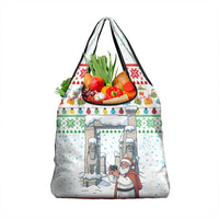 Iran Christmas Grocery Bag with Santa Taking Photos Ancient Columns and Snowflake Gift Pattern - Wonder Print Shop