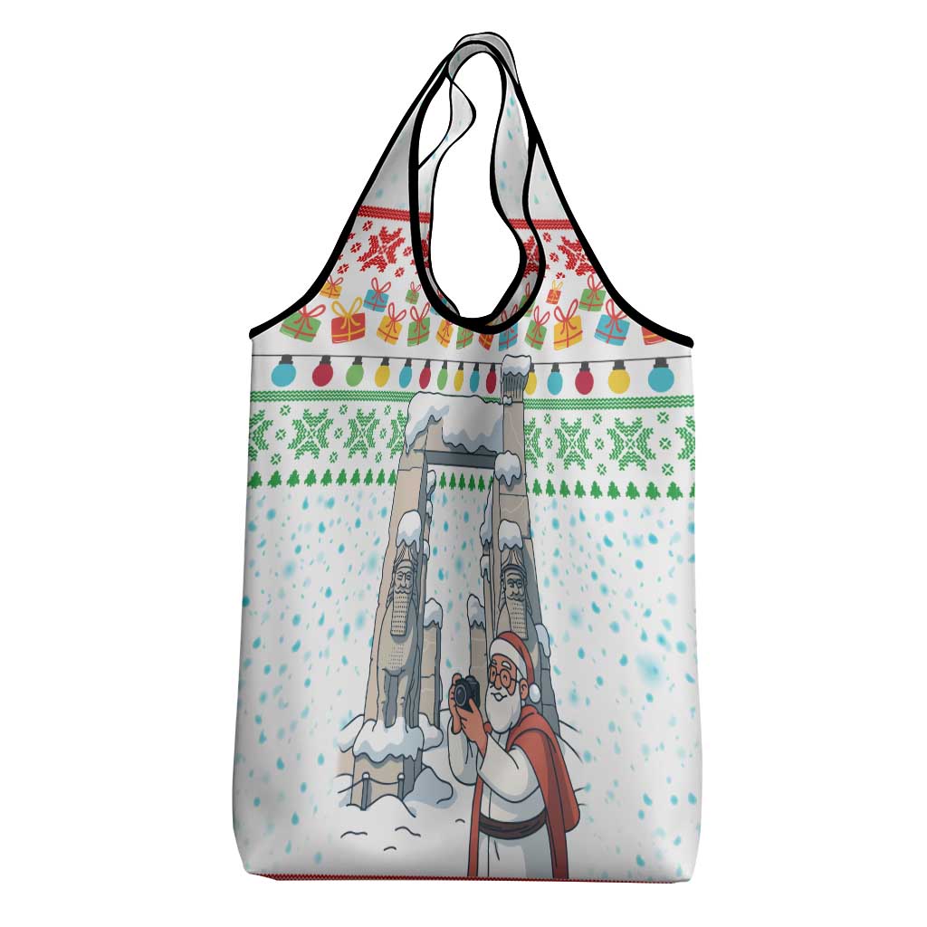 Iran Christmas Grocery Bag with Santa Taking Photos Ancient Columns and Snowflake Gift Pattern - Wonder Print Shop