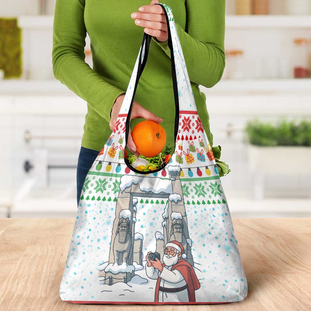 Iran Christmas Grocery Bag with Santa Taking Photos Ancient Columns and Snowflake Gift Pattern - Wonder Print Shop