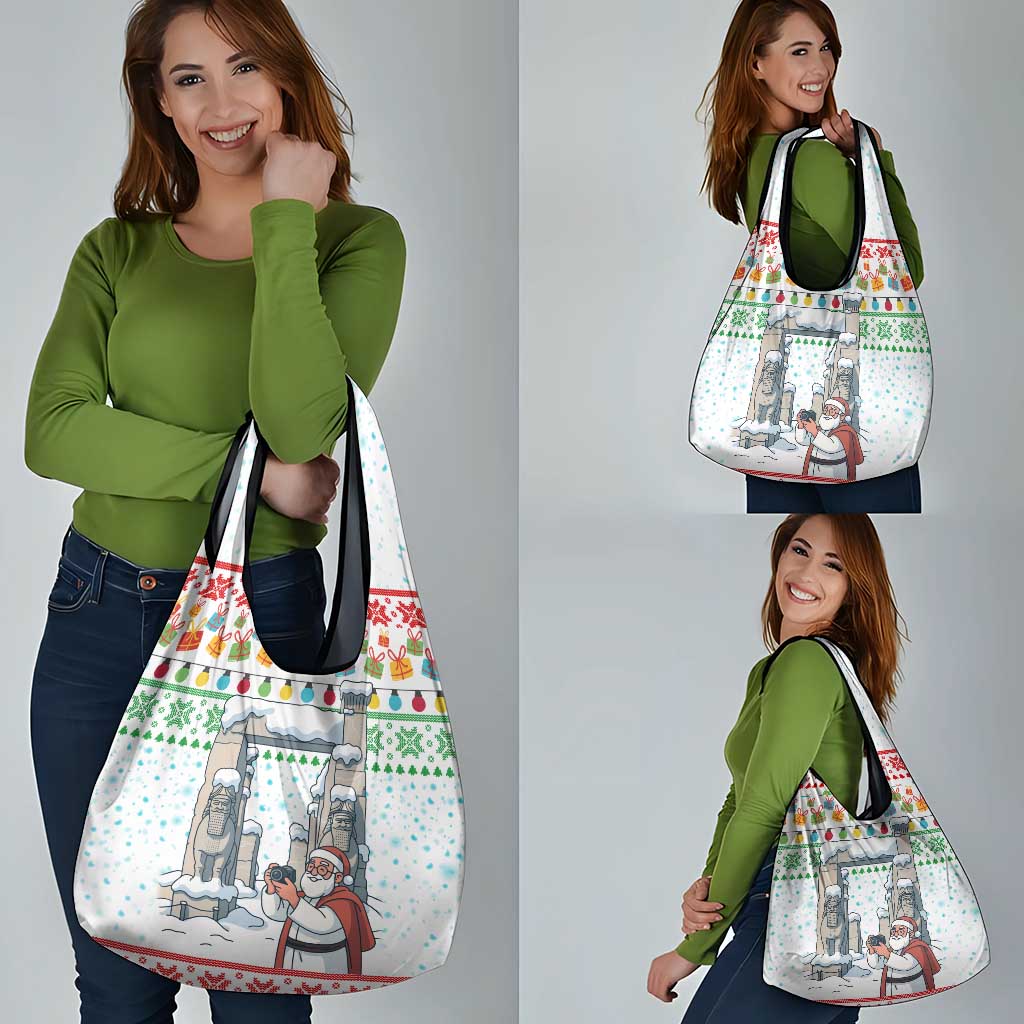 Iran Christmas Grocery Bag with Santa Taking Photos Ancient Columns and Snowflake Gift Pattern - Wonder Print Shop