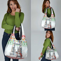 Iran Christmas Grocery Bag with Santa Taking Photos Ancient Columns and Snowflake Gift Pattern - Wonder Print Shop