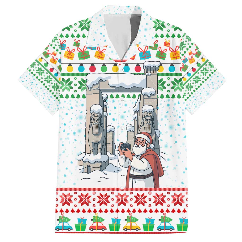 Iran Christmas Hawaiian Shirt with Santa Taking Photos Ancient Columns and Snowflake Gift Pattern - Wonder Print Shop