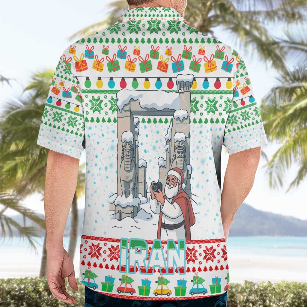 Iran Christmas Hawaiian Shirt with Santa Taking Photos Ancient Columns and Snowflake Gift Pattern - Wonder Print Shop