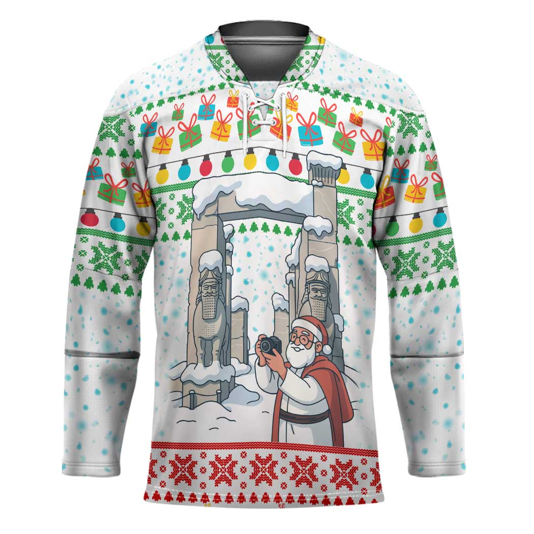 Iran Christmas Hockey Jersey with Santa Taking Photos Ancient Columns and Snowflake Gift Pattern - Wonder Print Shop