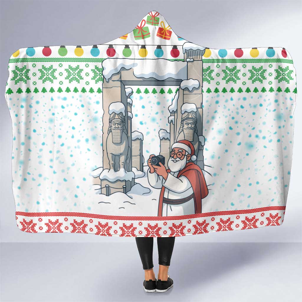 Iran Christmas Hooded Blanket with Santa Taking Photos Ancient Columns and Snowflake Gift Pattern - Wonder Print Shop