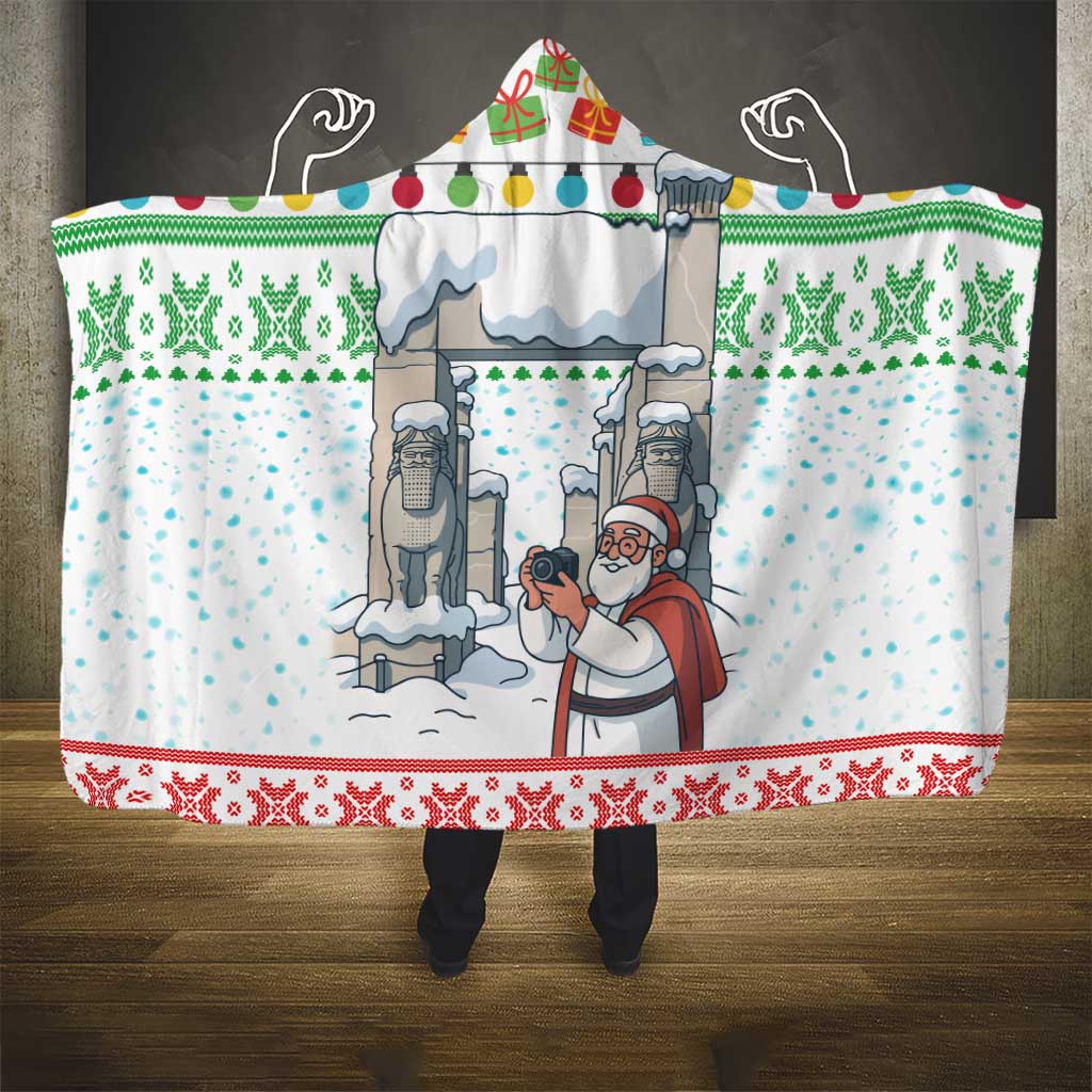 Iran Christmas Hooded Blanket with Santa Taking Photos Ancient Columns and Snowflake Gift Pattern - Wonder Print Shop