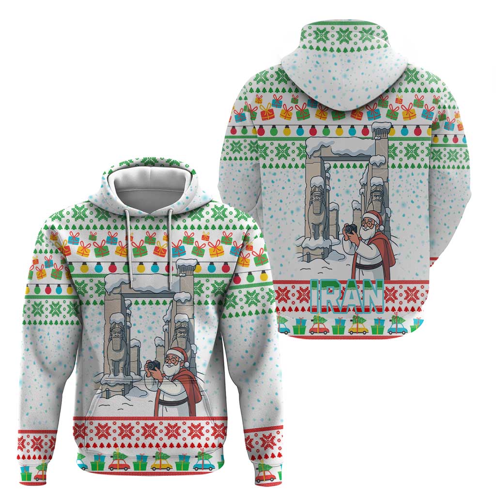 Iran Christmas Hoodie with Santa Taking Photos Ancient Columns and Snowflake Gift Pattern - Wonder Print Shop