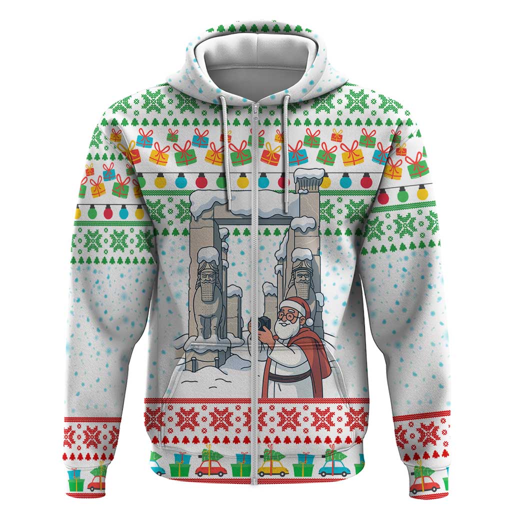 Iran Christmas Hoodie with Santa Taking Photos Ancient Columns and Snowflake Gift Pattern - Wonder Print Shop