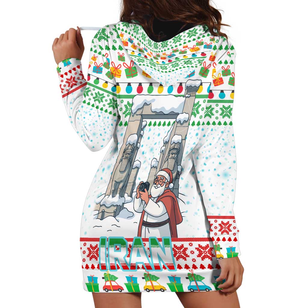 Iran Christmas Hoodie Dress with Santa Taking Photos Ancient Columns and Snowflake Gift Pattern - Wonder Print Shop
