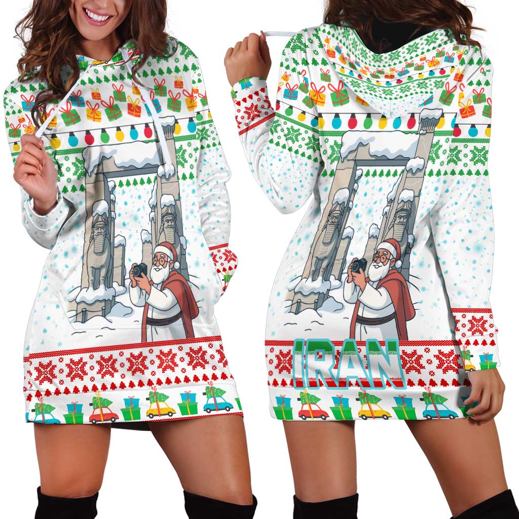Iran Christmas Hoodie Dress with Santa Taking Photos Ancient Columns and Snowflake Gift Pattern - Wonder Print Shop