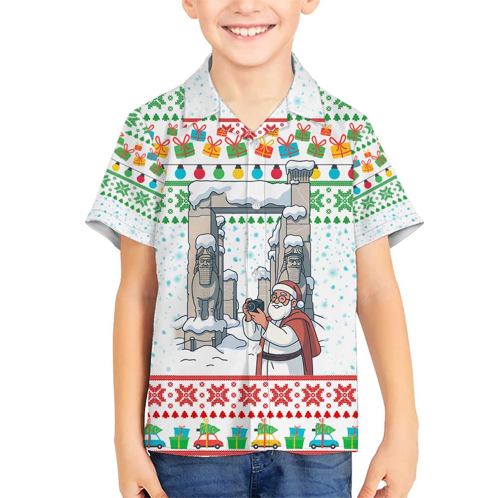 Iran Christmas Kid Hawaiian Shirt with Santa Taking Photos Ancient Columns and Snowflake Gift Pattern - Wonder Print Shop