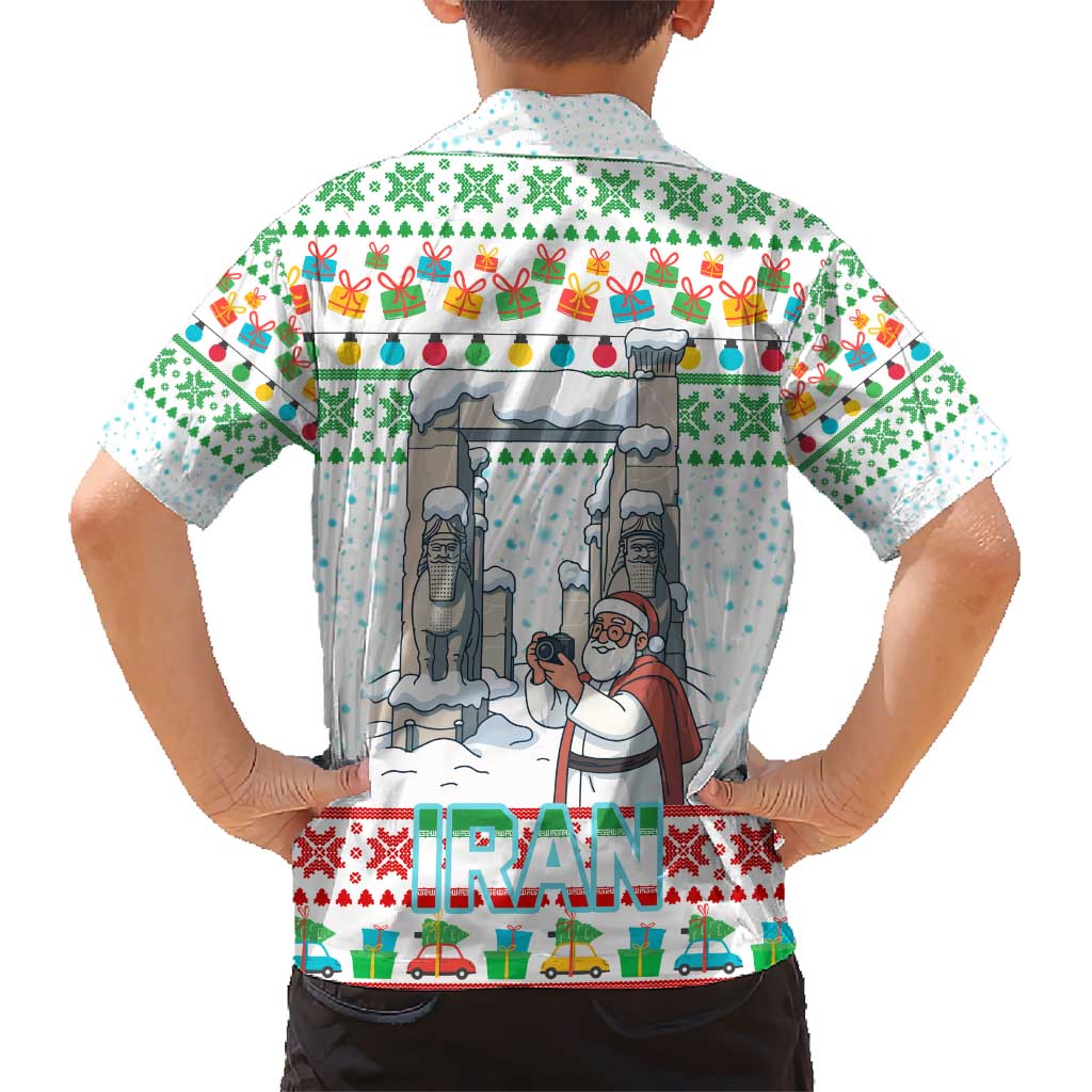 Iran Christmas Kid Hawaiian Shirt with Santa Taking Photos Ancient Columns and Snowflake Gift Pattern - Wonder Print Shop
