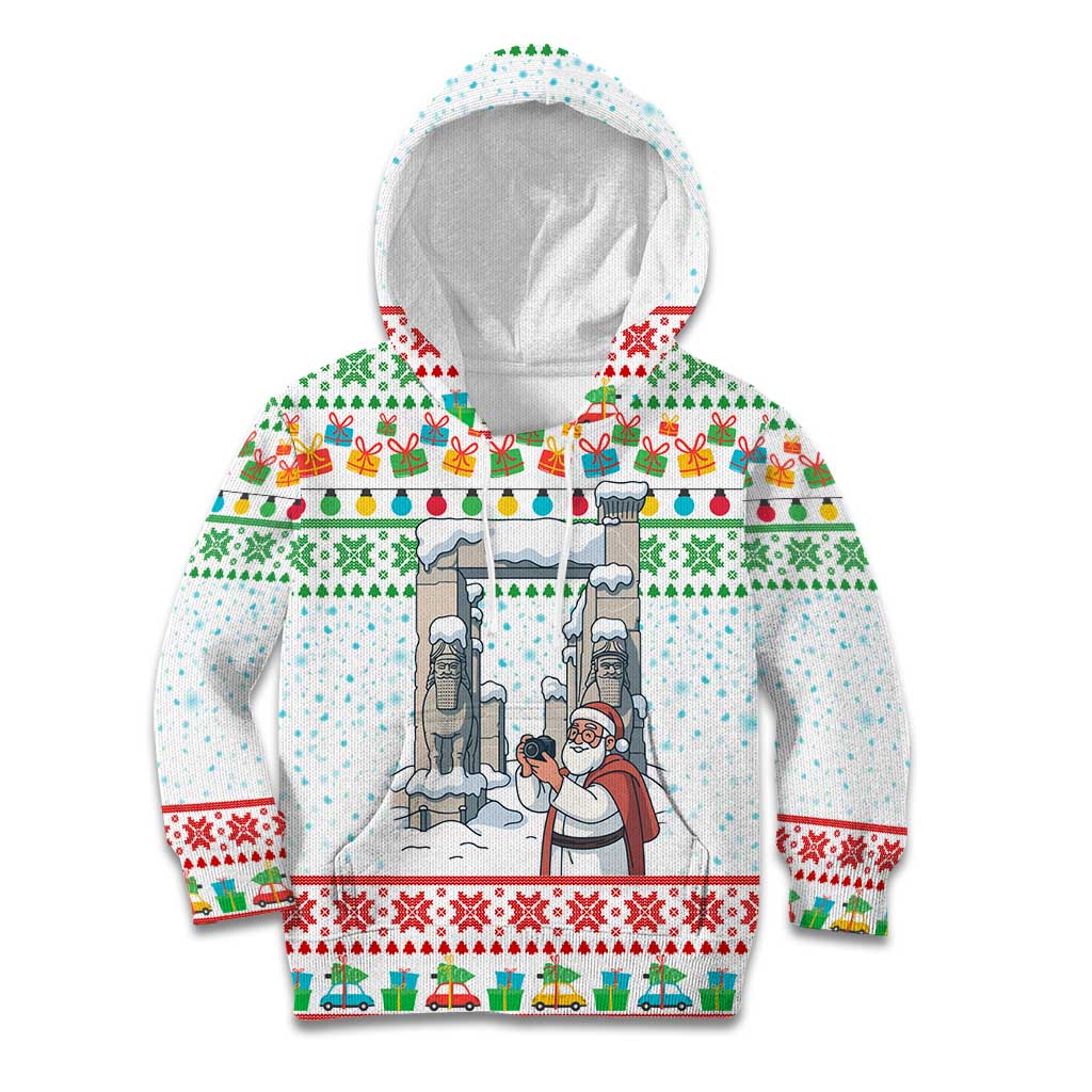 Iran Christmas Kid Hoodie with Santa Taking Photos Ancient Columns and Snowflake Gift Pattern - Wonder Print Shop