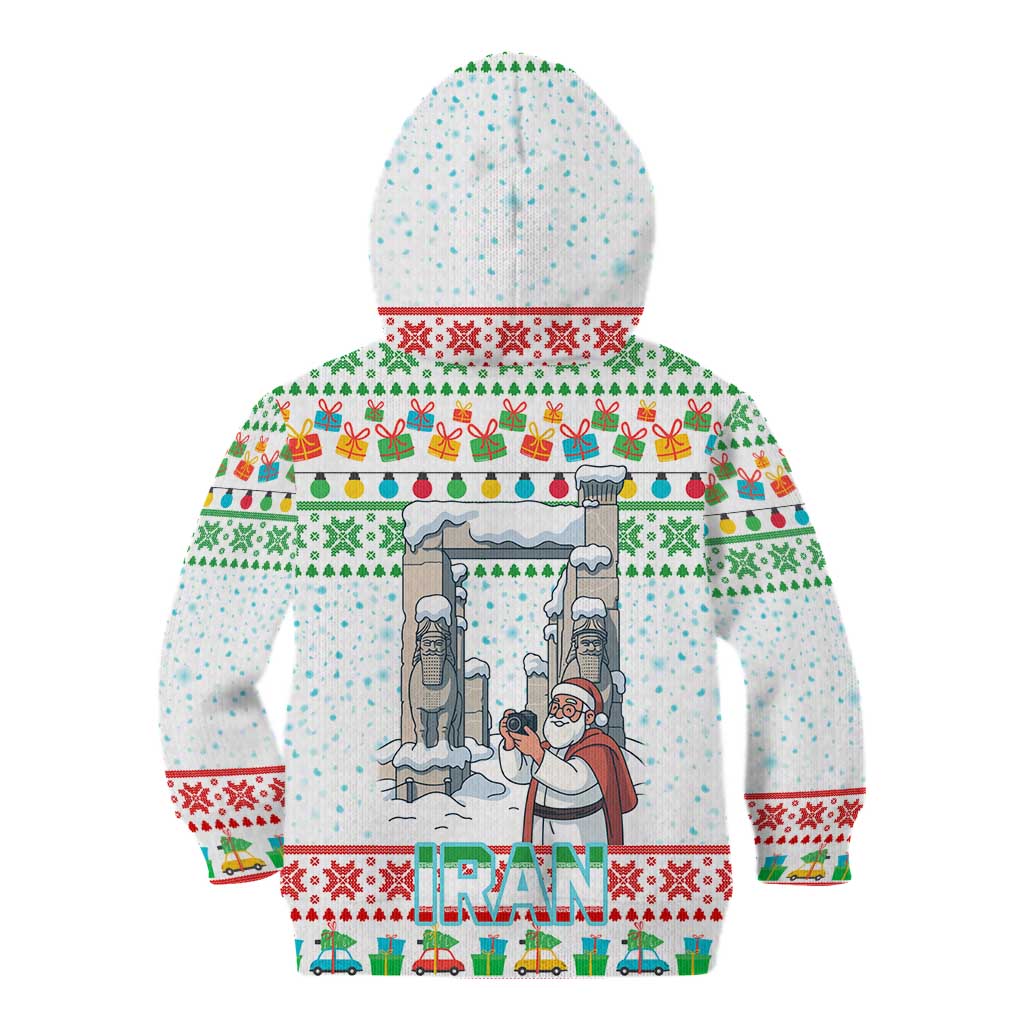 Iran Christmas Kid Hoodie with Santa Taking Photos Ancient Columns and Snowflake Gift Pattern - Wonder Print Shop