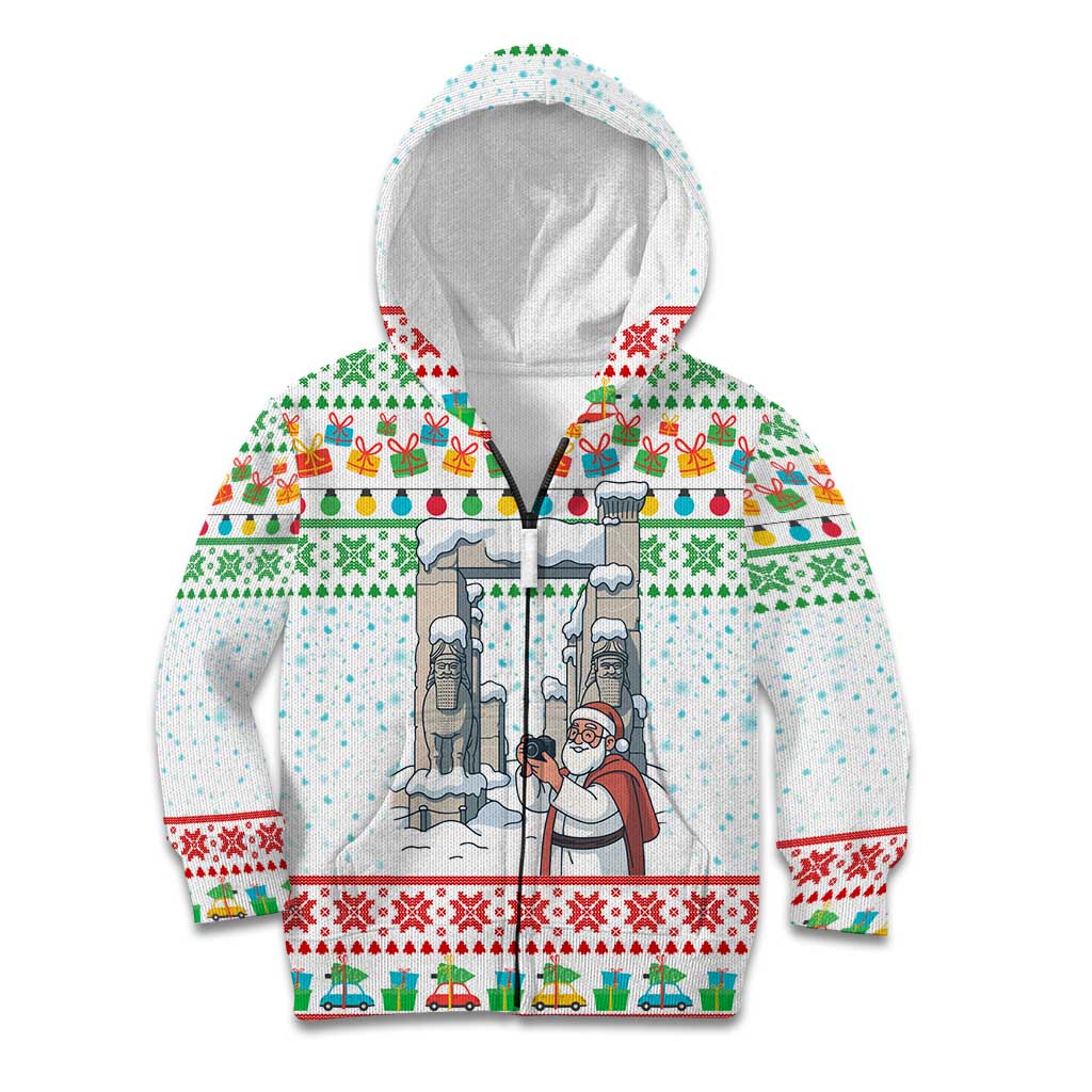 Iran Christmas Kid Hoodie with Santa Taking Photos Ancient Columns and Snowflake Gift Pattern - Wonder Print Shop