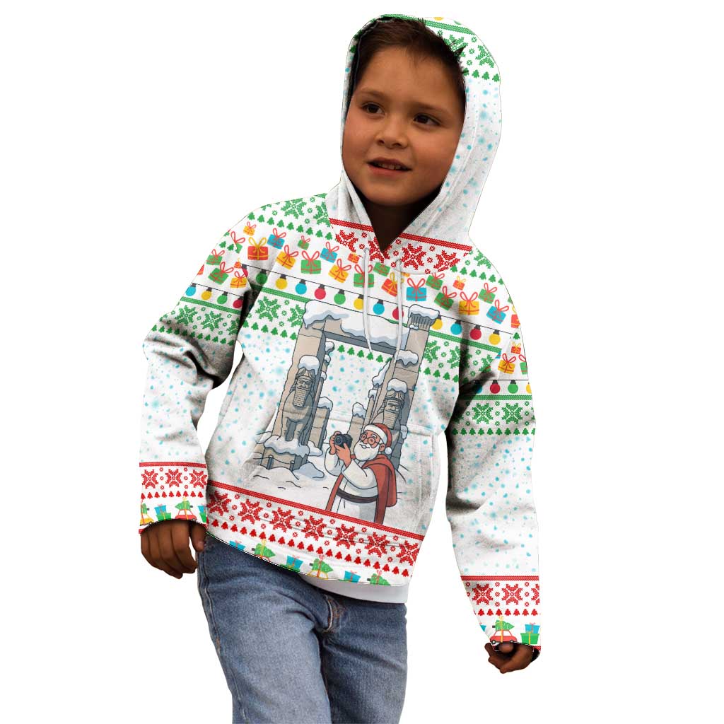 Iran Christmas Kid Hoodie with Santa Taking Photos Ancient Columns and Snowflake Gift Pattern - Wonder Print Shop