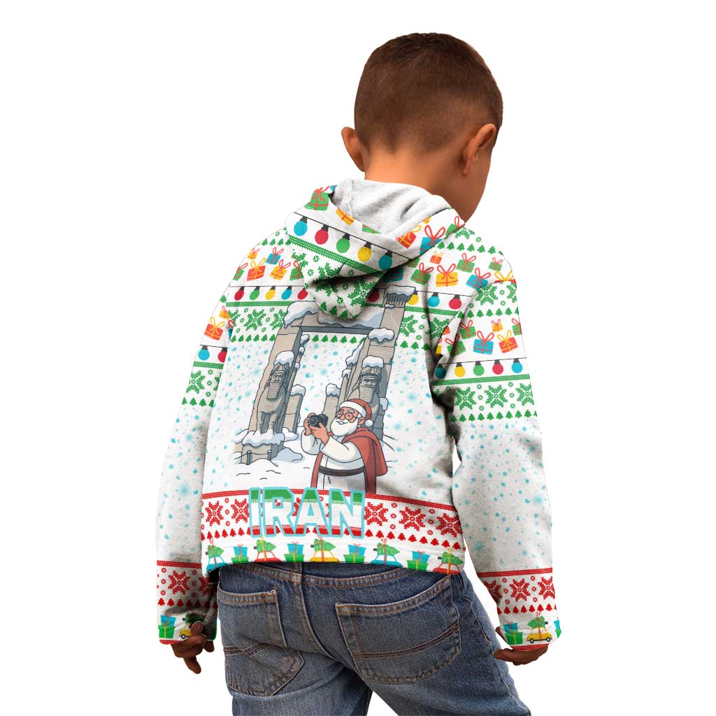 Iran Christmas Kid Hoodie with Santa Taking Photos Ancient Columns and Snowflake Gift Pattern - Wonder Print Shop