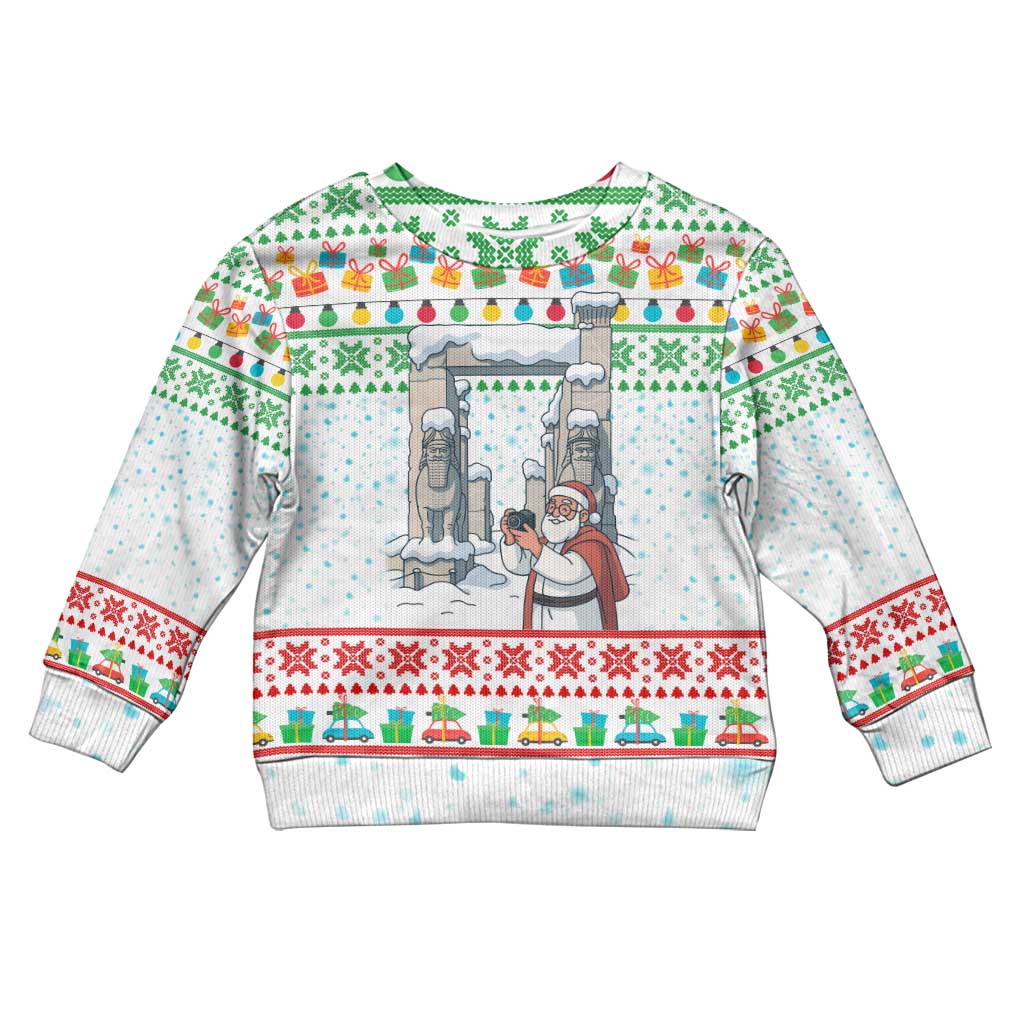 Iran Christmas Kid Ugly Christmas Sweater with Santa Taking Photos Ancient Columns and Snowflake Gift Pattern - Wonder Print Shop