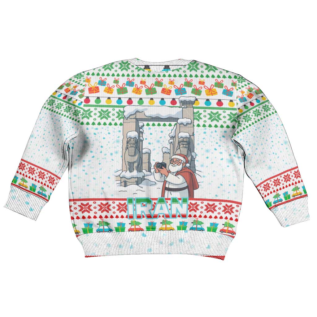 Iran Christmas Kid Ugly Christmas Sweater with Santa Taking Photos Ancient Columns and Snowflake Gift Pattern - Wonder Print Shop