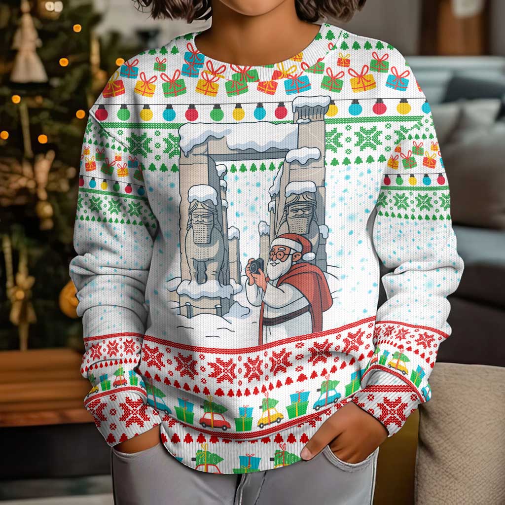 Iran Christmas Kid Ugly Christmas Sweater with Santa Taking Photos Ancient Columns and Snowflake Gift Pattern - Wonder Print Shop