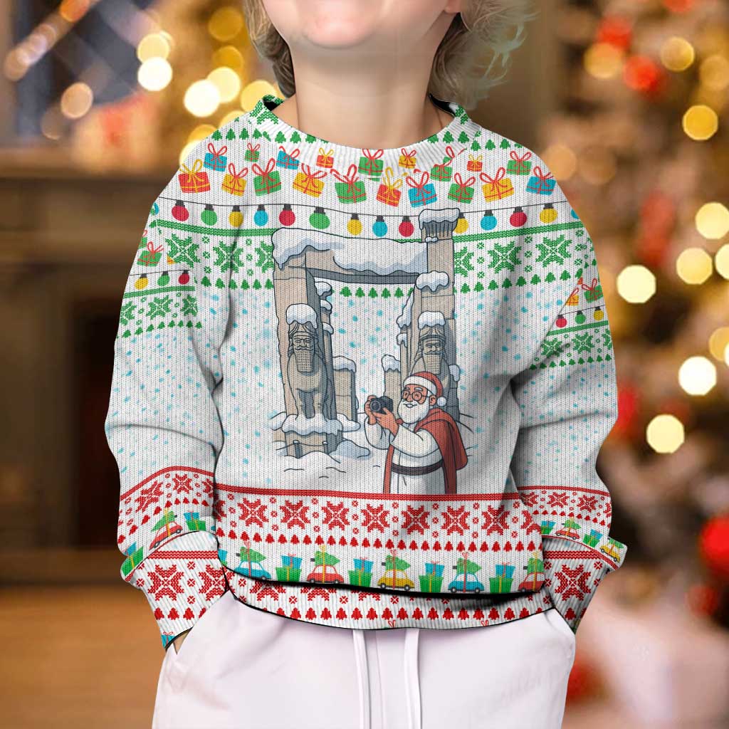 Iran Christmas Kid Ugly Christmas Sweater with Santa Taking Photos Ancient Columns and Snowflake Gift Pattern - Wonder Print Shop