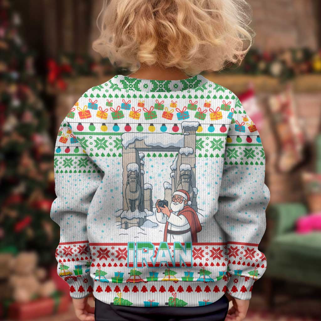Iran Christmas Kid Ugly Christmas Sweater with Santa Taking Photos Ancient Columns and Snowflake Gift Pattern - Wonder Print Shop
