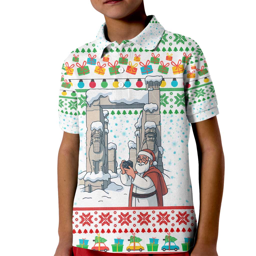 Iran Christmas Kid Polo Shirt with Santa Taking Photos Ancient Columns and Snowflake Gift Pattern - Wonder Print Shop