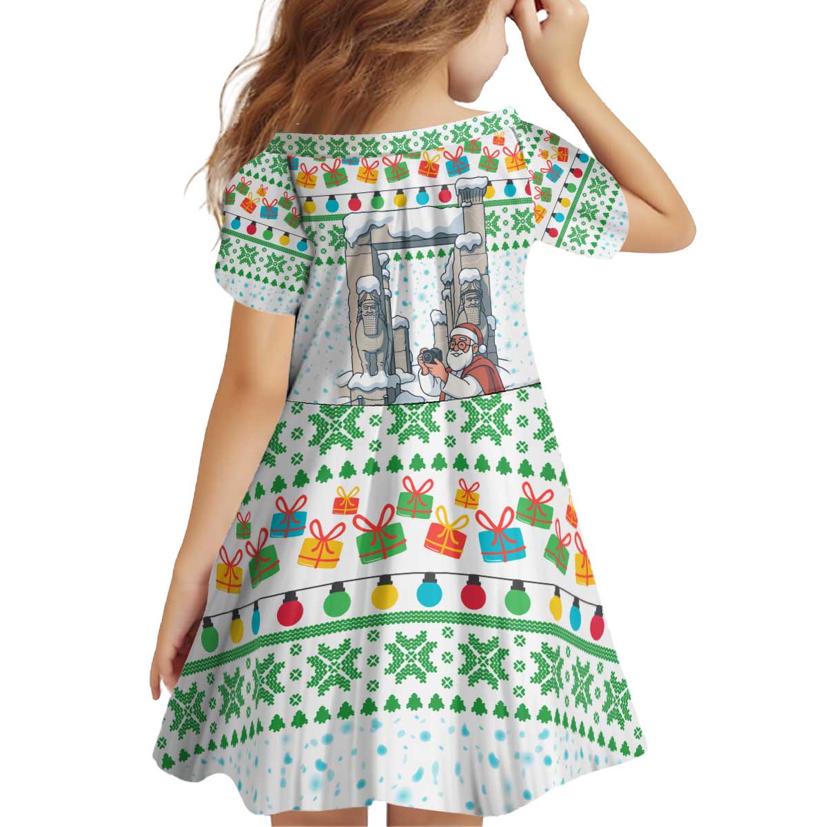 Iran Christmas Kid Short Sleeve Dress with Santa Taking Photos Ancient Columns and Snowflake Gift Pattern - Wonder Print Shop