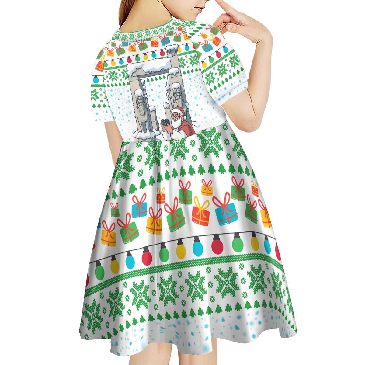 Iran Christmas Kid Short Sleeve Dress with Santa Taking Photos Ancient Columns and Snowflake Gift Pattern - Wonder Print Shop