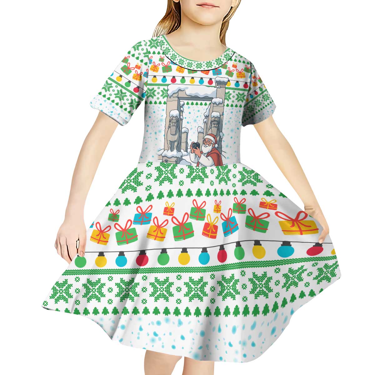 Iran Christmas Kid Short Sleeve Dress with Santa Taking Photos Ancient Columns and Snowflake Gift Pattern - Wonder Print Shop