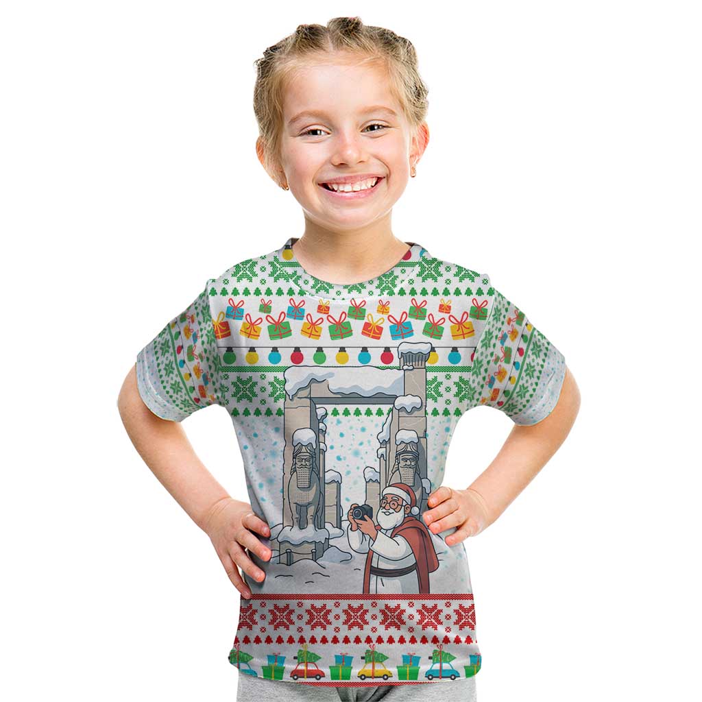 Iran Christmas Kid T Shirt with Santa Taking Photos Ancient Columns and Snowflake Gift Pattern - Wonder Print Shop