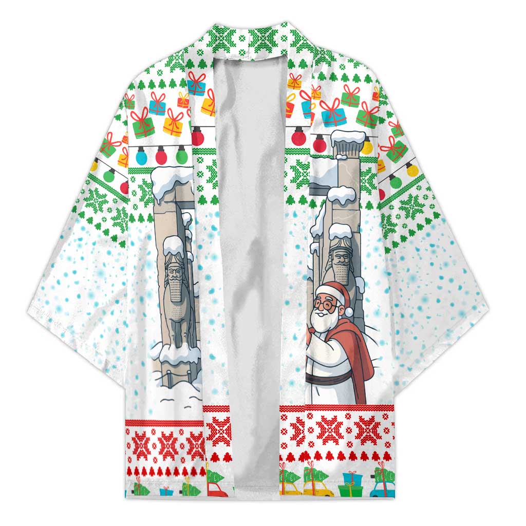 Iran Christmas Kimono with Santa Taking Photos Ancient Columns and Snowflake Gift Pattern - Wonder Print Shop