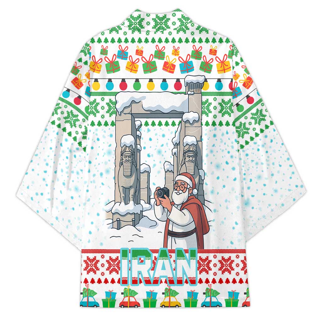 Iran Christmas Kimono with Santa Taking Photos Ancient Columns and Snowflake Gift Pattern - Wonder Print Shop