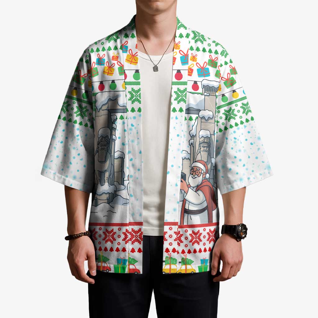 Iran Christmas Kimono with Santa Taking Photos Ancient Columns and Snowflake Gift Pattern - Wonder Print Shop