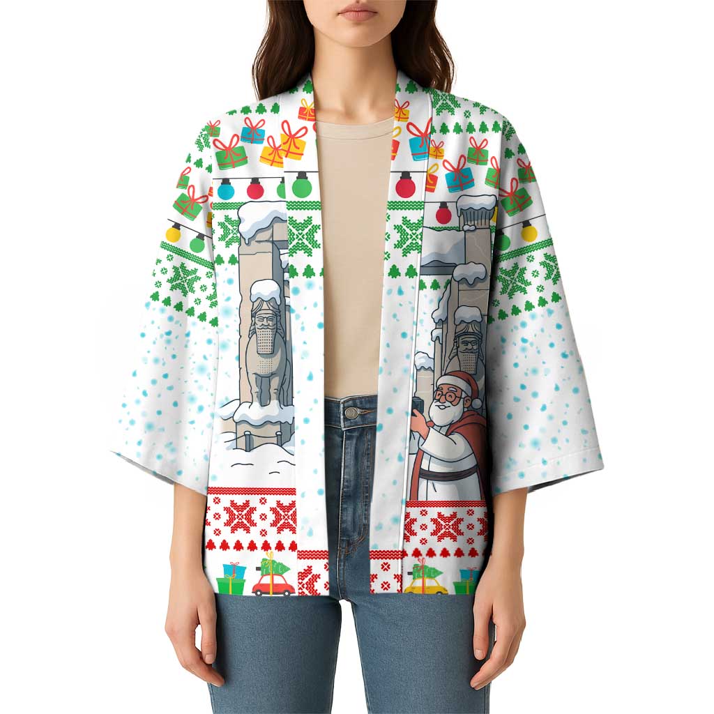 Iran Christmas Kimono with Santa Taking Photos Ancient Columns and Snowflake Gift Pattern - Wonder Print Shop