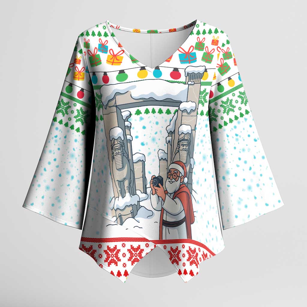 Iran Christmas Kimono Sleeve Blouse with Santa Taking Photos Ancient Columns and Snowflake Gift Pattern - Wonder Print Shop