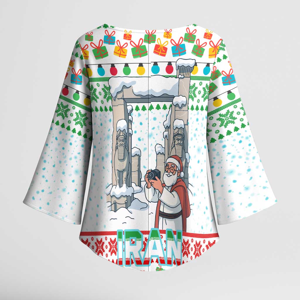 Iran Christmas Kimono Sleeve Blouse with Santa Taking Photos Ancient Columns and Snowflake Gift Pattern - Wonder Print Shop