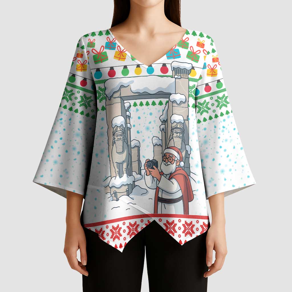 Iran Christmas Kimono Sleeve Blouse with Santa Taking Photos Ancient Columns and Snowflake Gift Pattern - Wonder Print Shop