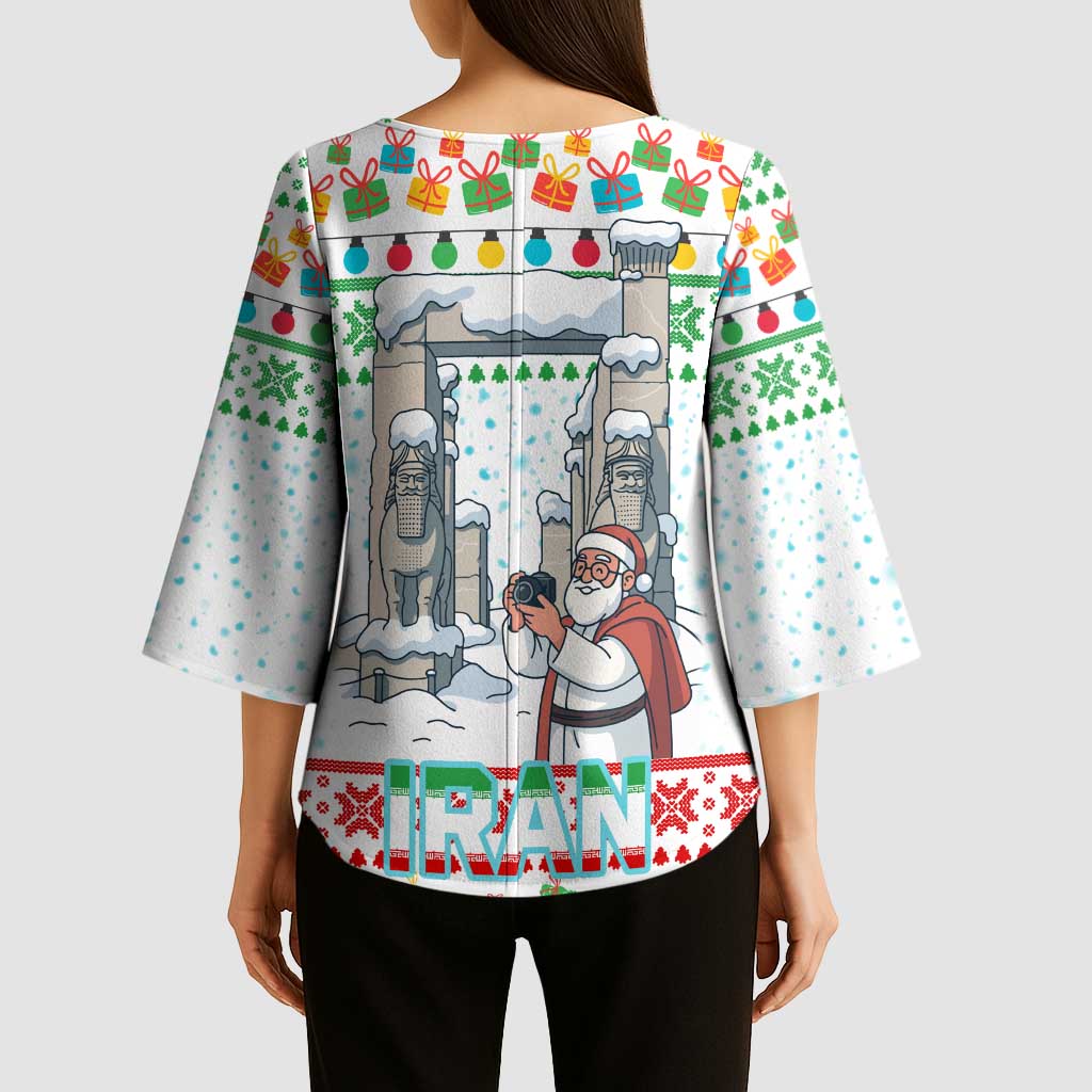 Iran Christmas Kimono Sleeve Blouse with Santa Taking Photos Ancient Columns and Snowflake Gift Pattern - Wonder Print Shop