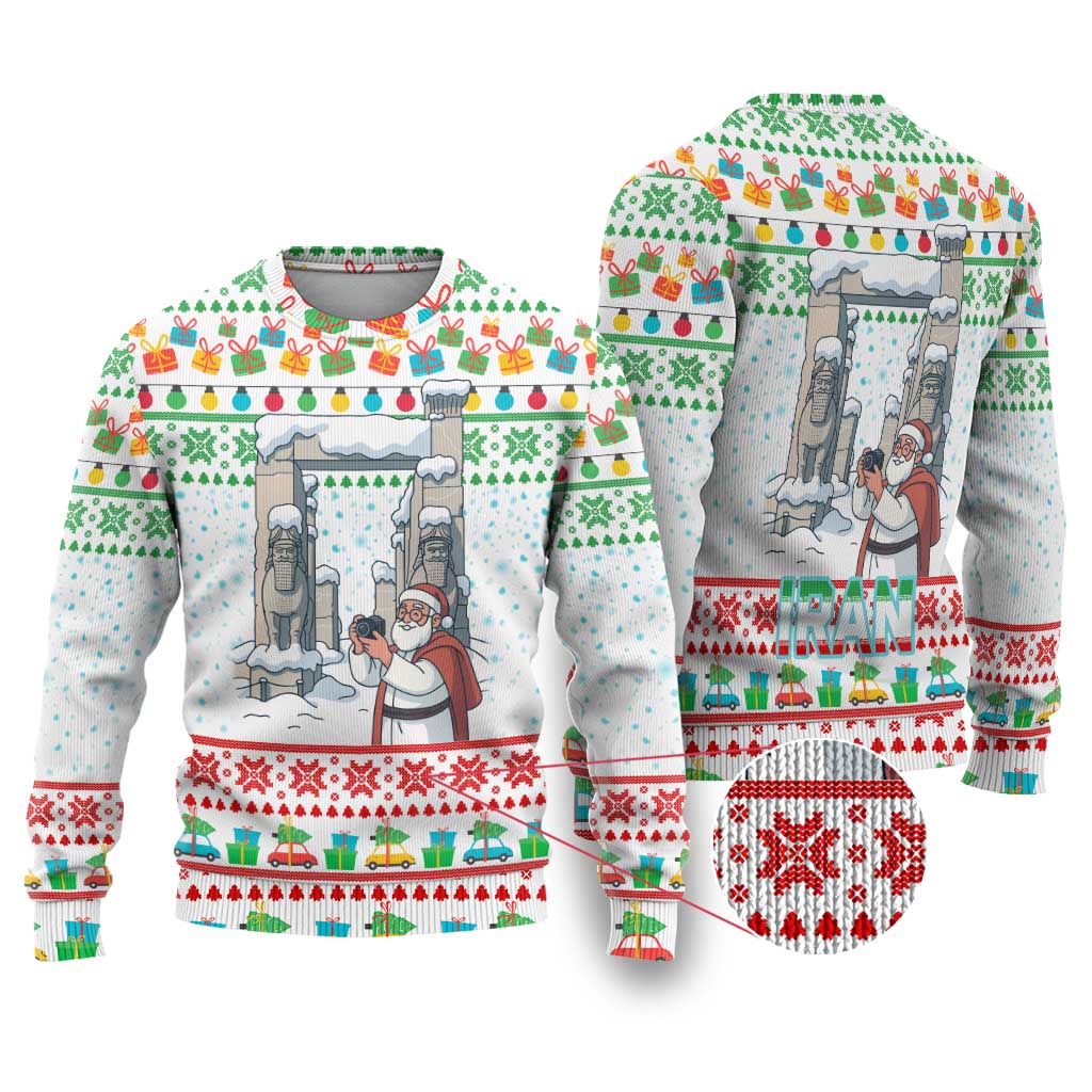 Iran Christmas Ugly Christmas Sweater with Santa Taking Photos Ancient Columns and Snowflake Gift Pattern - Wonder Print Shop