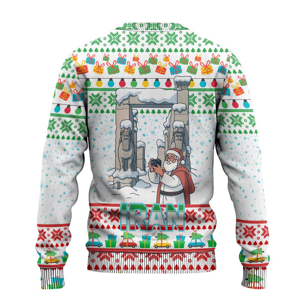 Iran Christmas Ugly Christmas Sweater with Santa Taking Photos Ancient Columns and Snowflake Gift Pattern - Wonder Print Shop