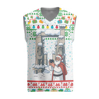 Iran Christmas Knitted V-Neck Vest with Santa Taking Photos Ancient Columns and Snowflake Gift Pattern - Wonder Print Shop