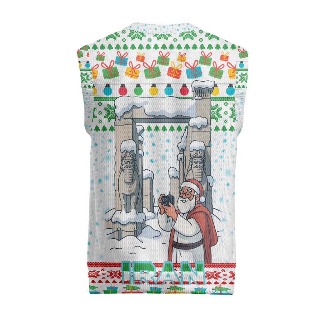 Iran Christmas Knitted V-Neck Vest with Santa Taking Photos Ancient Columns and Snowflake Gift Pattern - Wonder Print Shop