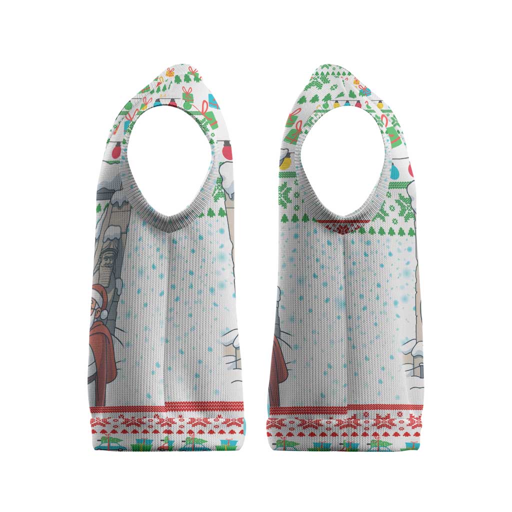 Iran Christmas Knitted V-Neck Vest with Santa Taking Photos Ancient Columns and Snowflake Gift Pattern - Wonder Print Shop