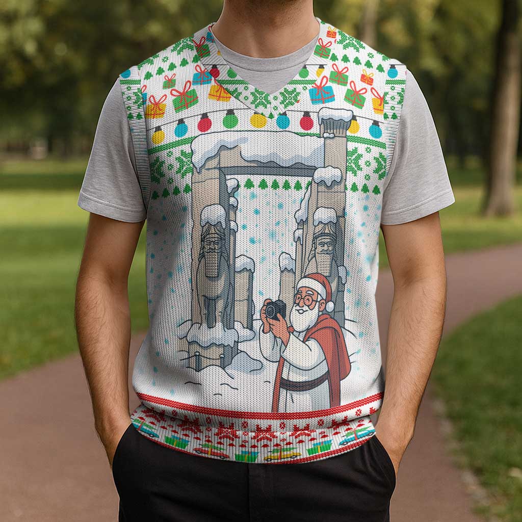 Iran Christmas Knitted V-Neck Vest with Santa Taking Photos Ancient Columns and Snowflake Gift Pattern - Wonder Print Shop